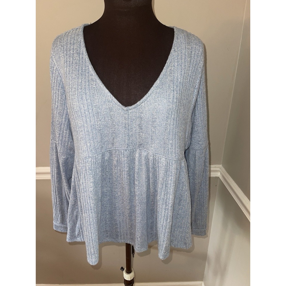 SO Junior V Neck Knit Babydoll Shirt Blue Sz‎ L NWT
